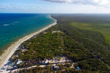 Tulum muhteşem orman ormanı ve Karayip deniz manzarası, insansız hava aracı, Meksika