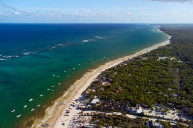 Tulum muhteşem orman ormanı ve Karayip deniz manzarası, insansız hava aracı, Meksika