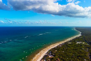Tulum muhteşem orman ormanı ve Karayip deniz manzarası, insansız hava aracı, Meksika