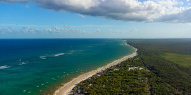 Tulum muhteşem orman ormanı ve Karayip deniz manzarası, insansız hava aracı, Meksika