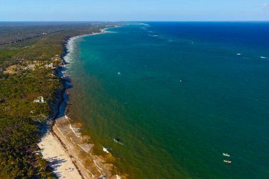 Tulum muhteşem orman ormanı ve Karayip deniz manzarası, insansız hava aracı, Meksika