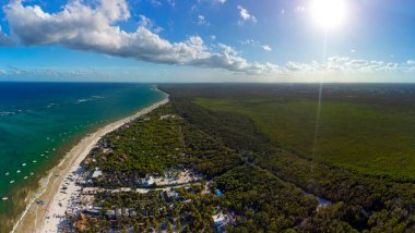 Tulum muhteşem orman ormanı ve Karayip deniz manzarası, insansız hava aracı, Meksika