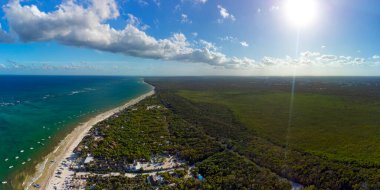 Tulum muhteşem orman ormanı ve Karayip deniz manzarası, insansız hava aracı, Meksika