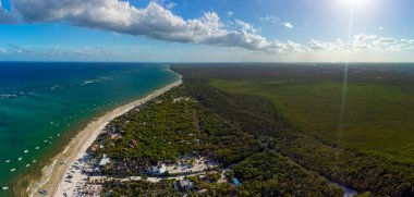 Tulum muhteşem orman ormanı ve Karayip deniz manzarası, insansız hava aracı, Meksika