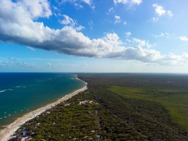 Tulum muhteşem orman ormanı ve Karayip deniz manzarası, insansız hava aracı, Meksika