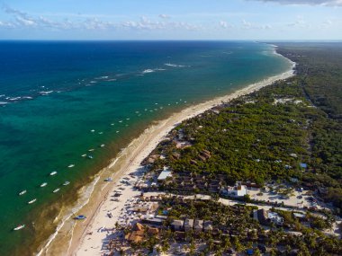 Tulum muhteşem orman ormanı ve Karayip deniz manzarası, insansız hava aracı, Meksika