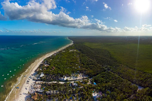 Tulum muhteşem orman ormanı ve Karayip deniz manzarası, insansız hava aracı, Meksika