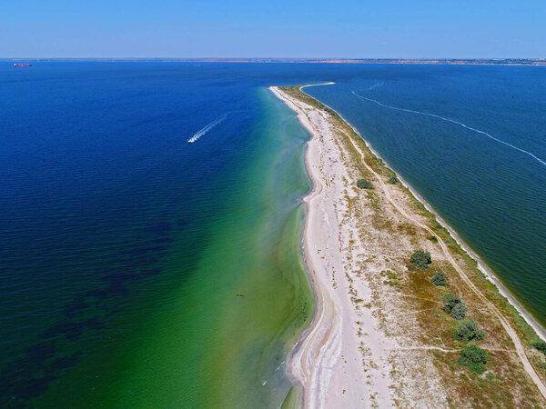 Aerial view of Kinburnska spit taken with drone, southern Ukraine