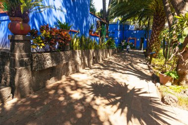 COYOACAN, MEXICO - 24 Mart 2022: Blue House und avlu (La Casa Azul), Meksikalı sanatçı Frida Kahlo 'nun yaşamı ve çalışmalarına adanmış tarihi ev ve sanat müzesi