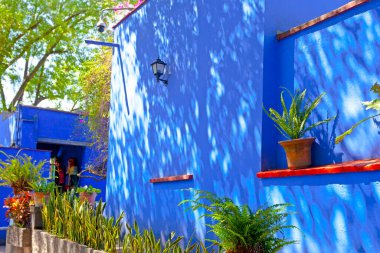 COYOACAN, MEXICO - MARCH 24, 2022: Blue House und courtyard of (La Casa Azul), historic house and art museum dedicated to the life and work of Mexican artist Frida Kahlo