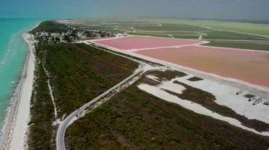 Pembe göller ve okyanus, Las Coloradas, Meksika 'da doğa.