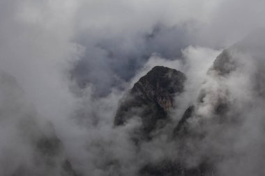 Morning mountains Andes in fog and clouds around Machu Picchu, Peru