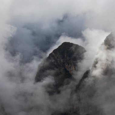 Morning mountains Andes in fog and clouds around Machu Picchu, Peru