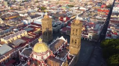 Puebla downtown taken in sunrise time with drone, Mexico