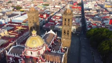 Puebla downtown taken in sunrise time with drone, Mexico