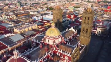 Puebla downtown taken in sunrise time with drone, Mexico