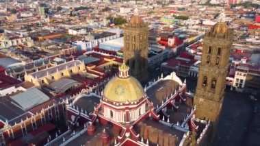 Puebla downtown taken in sunrise time with drone, Mexico