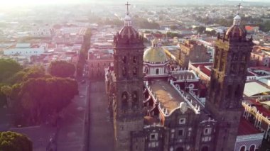 Puebla downtown taken in sunrise time with drone, Mexico