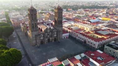 Puebla downtown taken in sunrise time with drone, Mexico