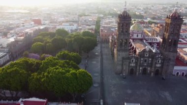 Puebla downtown taken in sunrise time with drone, Mexico