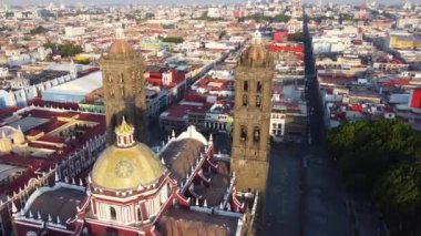 Puebla downtown taken in sunrise time with drone, Mexico
