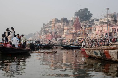 VARANASI, INDIA - November 15: Boats at the river ganges on the auspicious Maha Shivaratri festival on November 15, 2013 at Dasashwamedh ghat in Varanasi, Uttar Pradesh, India