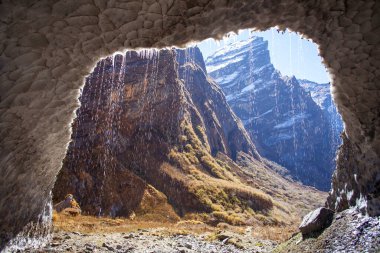 Melting glacier on the way to Annapurna Base Camp in Nepal Himalayas
