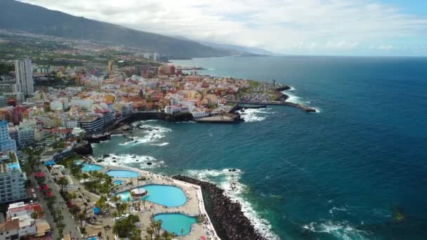 Aerial Landscape Puerto Cruz Atlantic Ocean Coast Tenerife Canary Island — Stockvideo