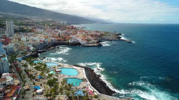 Aerial Landscape Puerto Cruz Atlantic Ocean Coast Tenerife Canary Island — Vídeos de Stock