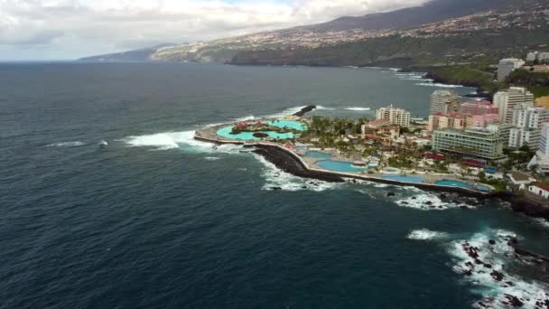 Aerial Landscape Puerto Cruz Atlantic Ocean Coast Tenerife Canary Island — ストック動画