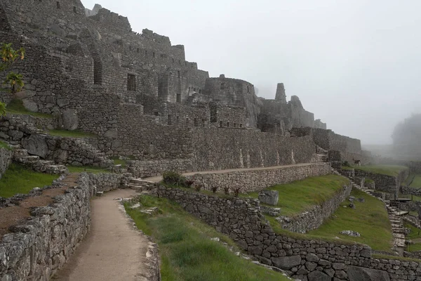 Machu Picchu Αρχαία Θέα Της Πόλης Από Huchu Picchu Συννεφιασμένο — Φωτογραφία Αρχείου