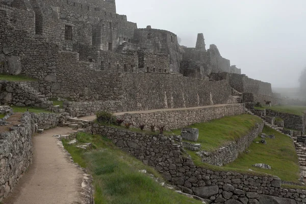 Machu Picchu Αρχαία Θέα Της Πόλης Από Huchu Picchu Συννεφιασμένο — Φωτογραφία Αρχείου