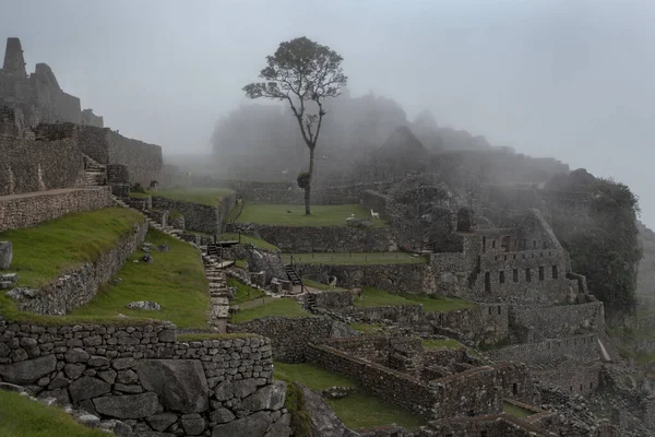 Machu Picchu Αρχαία Θέα Της Πόλης Από Huchu Picchu Συννεφιασμένο — Φωτογραφία Αρχείου