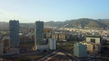 Aerial photography drone point of view from above modern architecture of Santa Cruz de Tenerife townscape, major city of island of Tenerife, Canary Islands, Spain