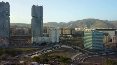 Aerial photography drone point of view from above modern architecture of Santa Cruz de Tenerife townscape, major city of island of Tenerife, Canary Islands, Spain