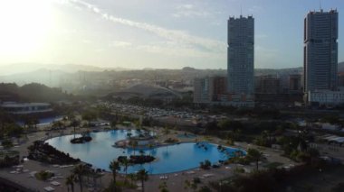 Aerial photography drone point of view from above modern architecture of Santa Cruz de Tenerife townscape, major city of island of Tenerife, Canary Islands, Spain