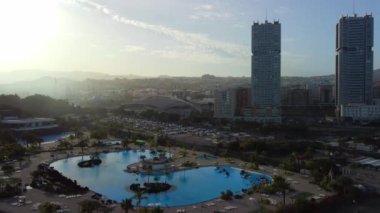 Aerial photography drone point of view from above modern architecture of Santa Cruz de Tenerife townscape, major city of island of Tenerife, Canary Islands, Spain