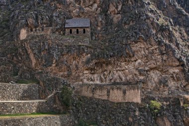 Teras ve Temple Hill Ollantaytambo, Peru'daki Inca kale. 