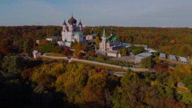 Beautiful Church on river bank. St. Panteleimons Convent Monastery Ukrainian Orthaodox Church over Feofaniya park in Kyiv city, Ukraine.