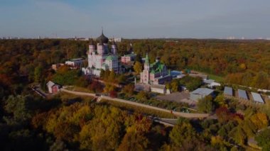 Beautiful Church on river bank. St. Panteleimons Convent Monastery Ukrainian Orthaodox Church over Feofaniya park in Kyiv city, Ukraine.