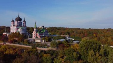 Beautiful Church on river bank. St. Panteleimons Convent Monastery Ukrainian Orthaodox Church over Feofaniya park in Kyiv city, Ukraine.