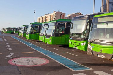 TENERIFE, SPAIN - 16 Şubat 2022: Santa Cruz de Tenerife limanı yakınlarındaki Titsa tarafından işletilen ana otobüs durağı