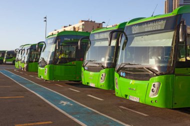 TENERIFE, SPAIN - 16 Şubat 2022: Santa Cruz de Tenerife limanı yakınlarındaki Titsa tarafından işletilen ana otobüs durağı