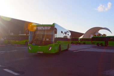 TENERIFE, SPAIN - 16 Şubat 2022: Titsa tarafından işletilen yeşil otobüslerin ana otobüs durağı, Tenerife 'nin ünlü konferans salonunun önündeki Santa Cruz de Tenerife limanı yakınlarında yer almaktadır..