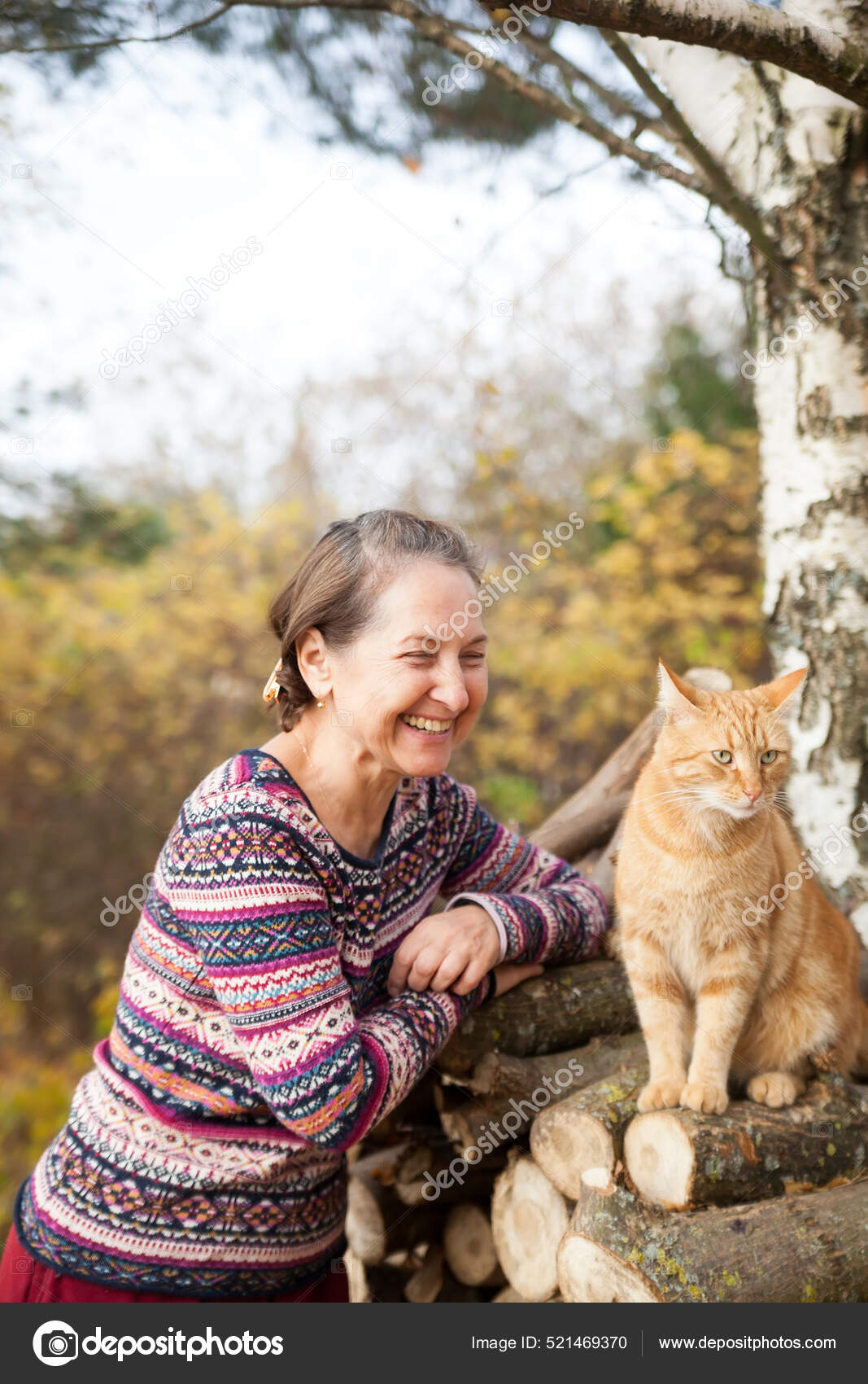 Portrait Pretty Elderly Woman Sweater Background Autumn Landscape Stock