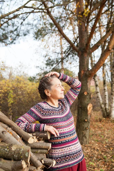 秋の風景を背景にセーターでかなり高齢女性の肖像画 — ストック写真