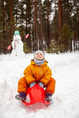  Little todler  on   winter walk near   snowman on   sled.