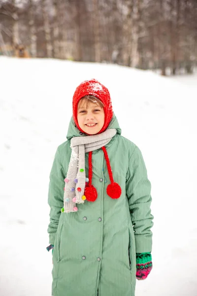 Portrait Nine Year Old Girl Winter Coat Walk Winter — Stockfoto