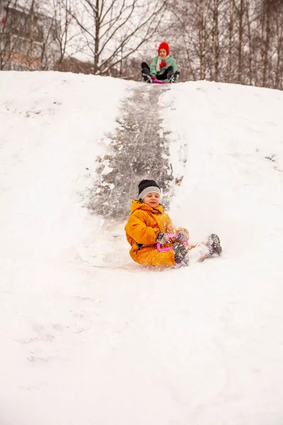 Щасливі Діти Катаються Льоду Санях — стокове фото