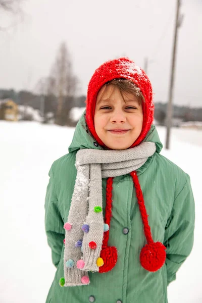 Portrait Nine Year Old Girl Winter Coat Walk Winter — Fotografia de Stock